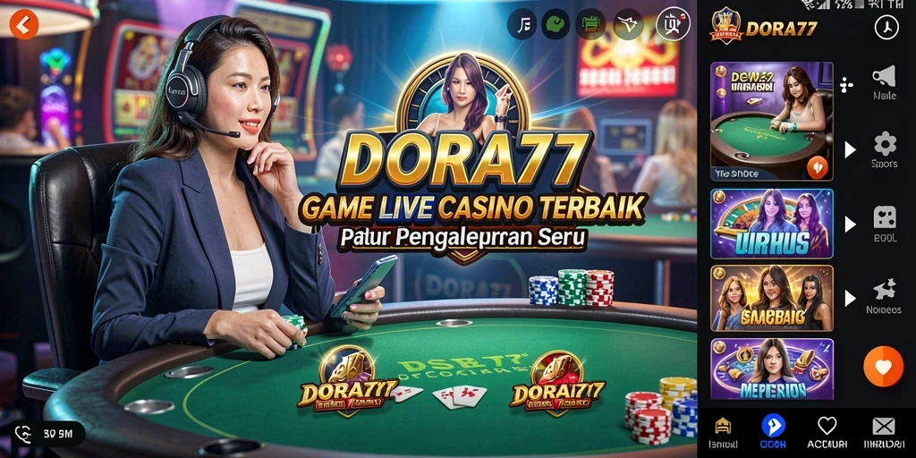 Screenshot DORA77 menunjukkan dealer langsung berinteraksi dengan pemain dalam permainan Live Casino.