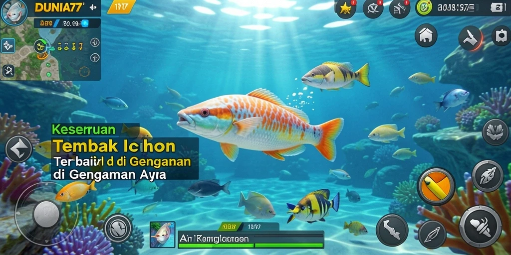 Screenshot gameplay DUNIA77 yang menampilkan aksi menembak ikan.