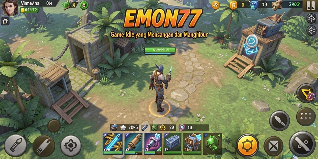 Screenshot gameplay EMON77 menunjukkan karakter bertualang di dunia idle.