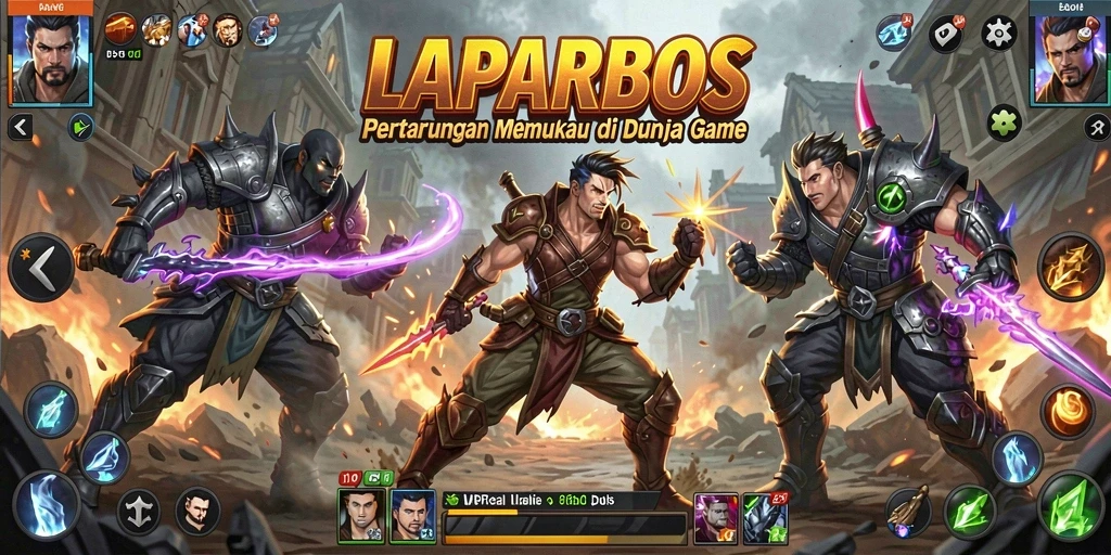 Gameplay seru LAPARBOS dengan karakter bertarung dalam arena.